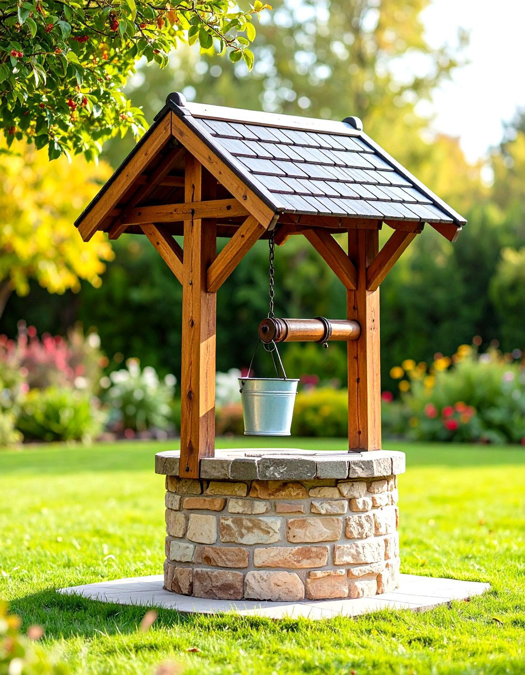 Traditional Outdoor Wishing Well with Hand Pump Feature - 20 Outdoor Wishing Well Garden Ideas