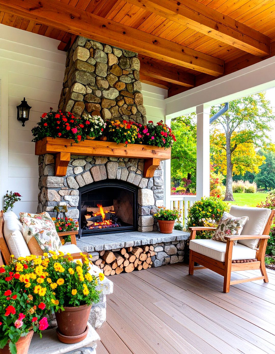 Traditional Porch Fireplace with Built In Log Storage and Seating - 20 Porch Fireplace Ideas