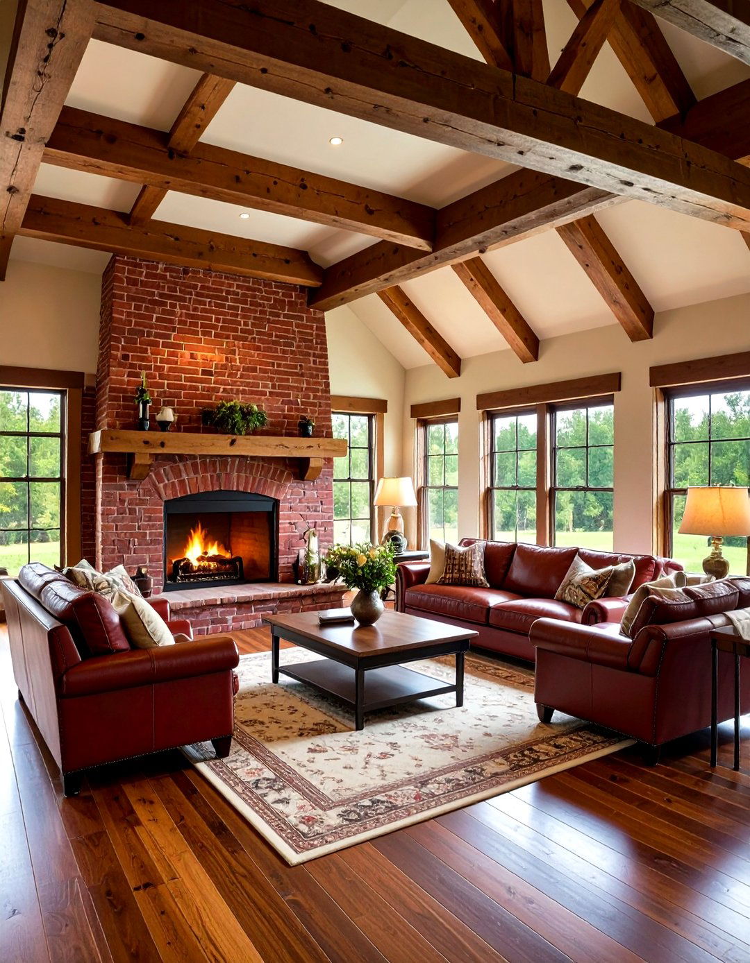 Traditional Red Rustic Brick Fireplace with Exposed Ceiling Beams - 20 Rustic Brick Fireplace Ideas