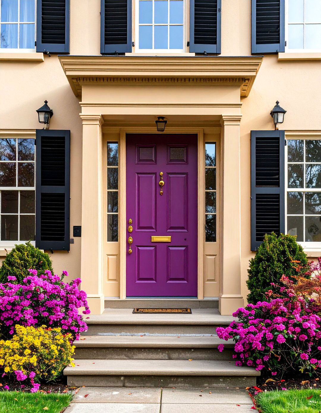 Traditional Taupe with Deep Plum Purple Accents - 20 Exterior Taupe House Color Combinations