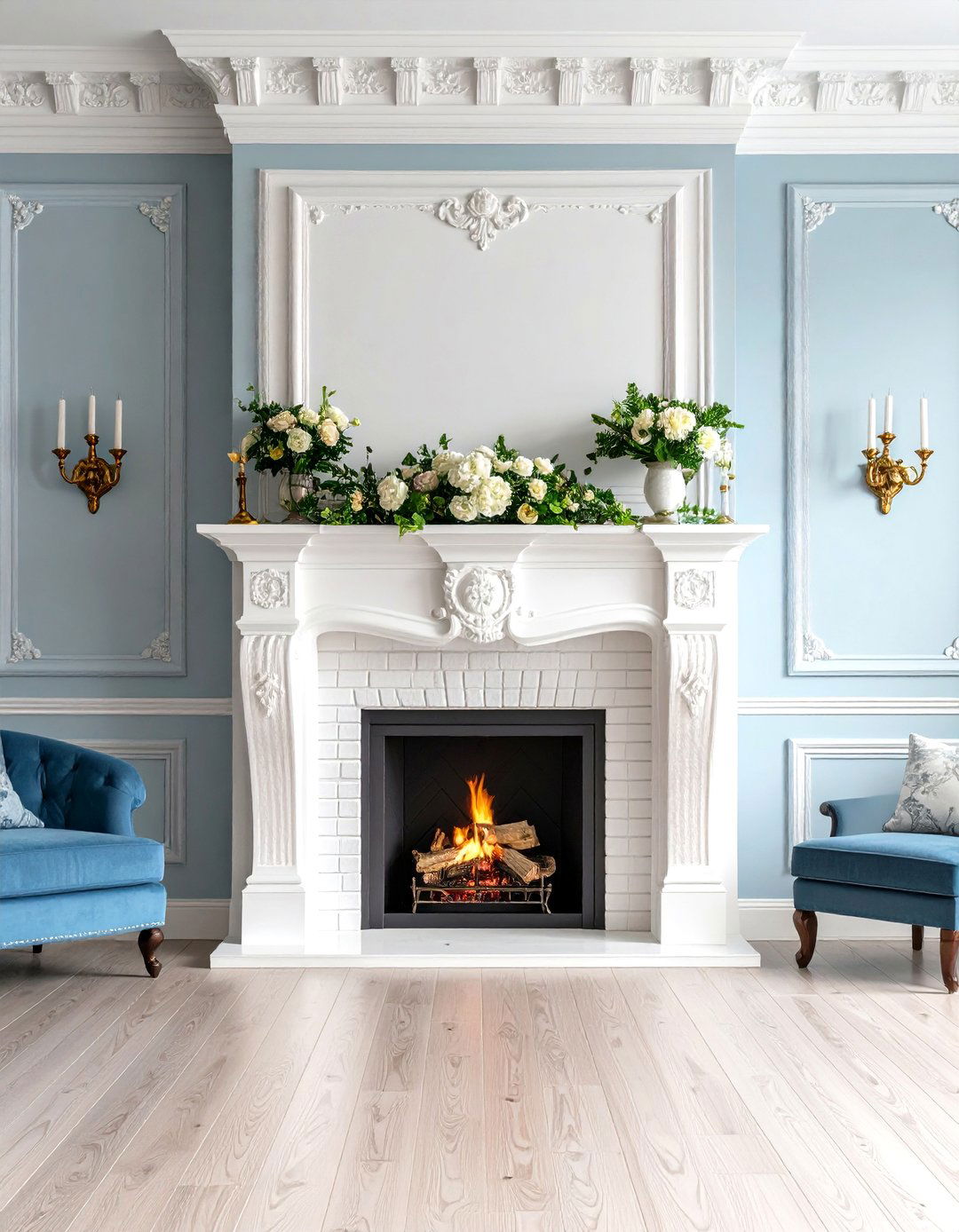 Traditional White Brick Fireplace with Classic Crown Molding - 20 White Brick Fireplace Ideas