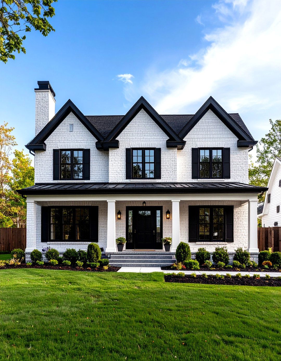 Traditional White Brick House With Black Trim and Statement Front Door - 20 White Brick House With Black Trim