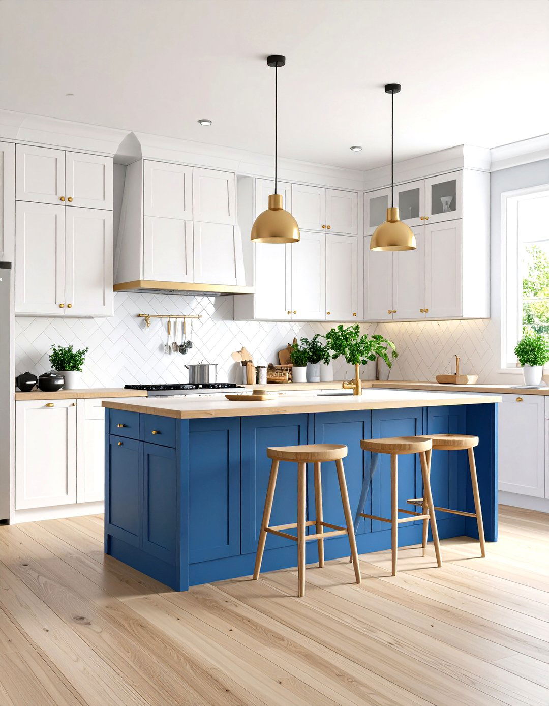 Traditional White Kitchen Cabinets with Blue Island and Butcher Block Counters - 20 White Kitchen Cabinets With Blue Island