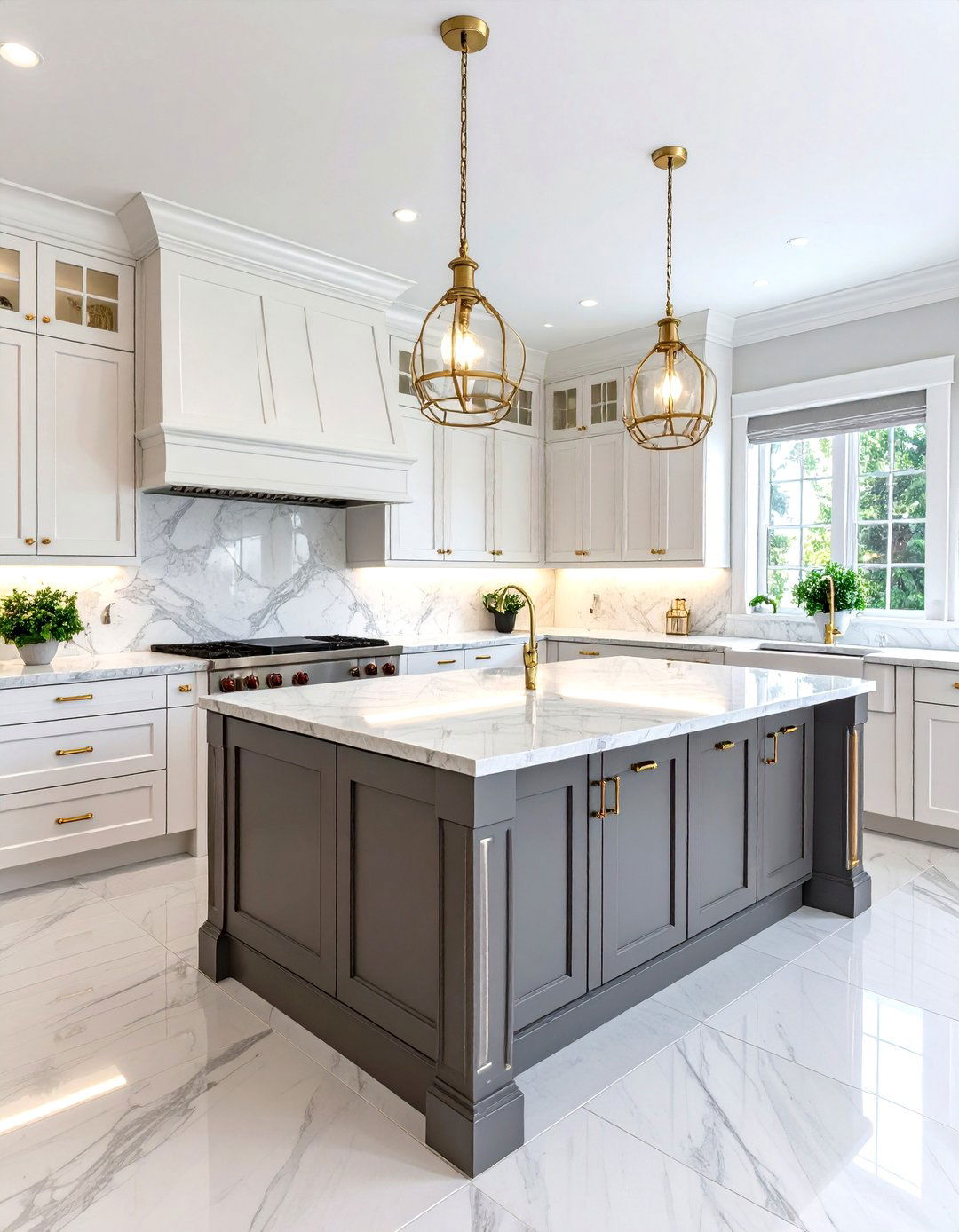 Traditional White Kitchen Cabinets with Warm Grey Island and Brass Hardware - 20 White Kitchen Cabinets With Grey Island Ideas