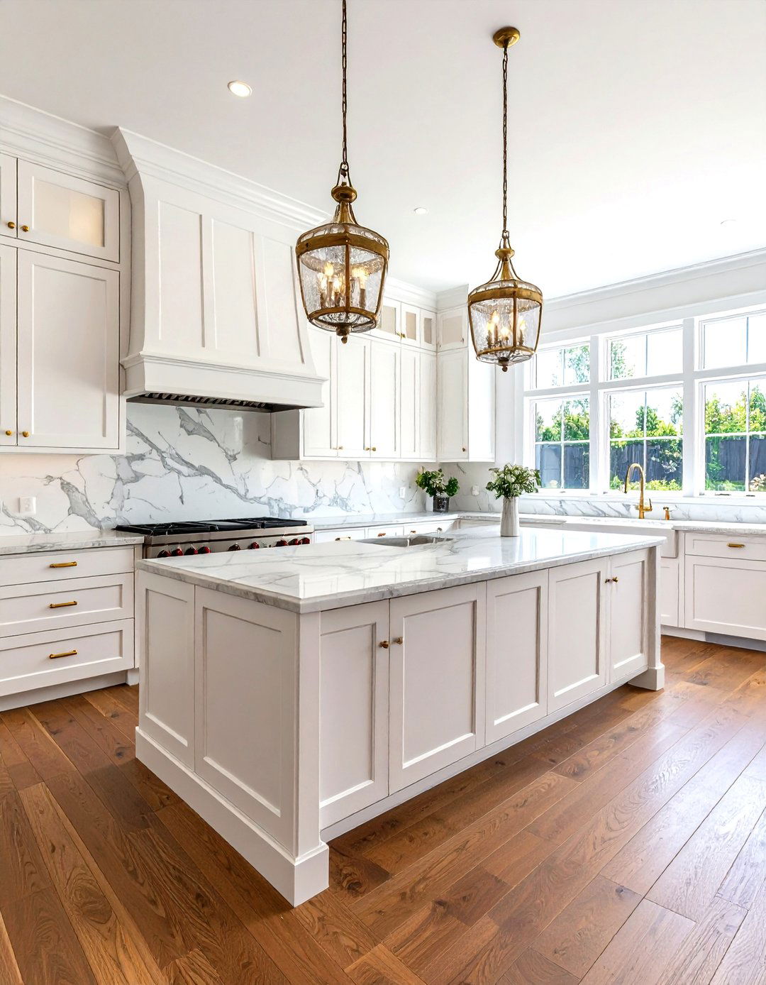 Traditional White Kitchen with Calacatta Marble Countertops - 20 White Kitchen Ideas