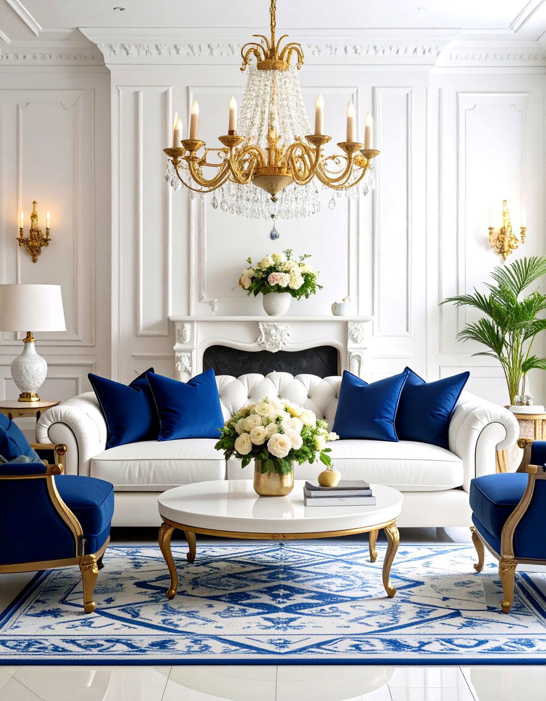 Traditional White Living Room with Navy Blue Sophistication - 20 White Living Room Ideas