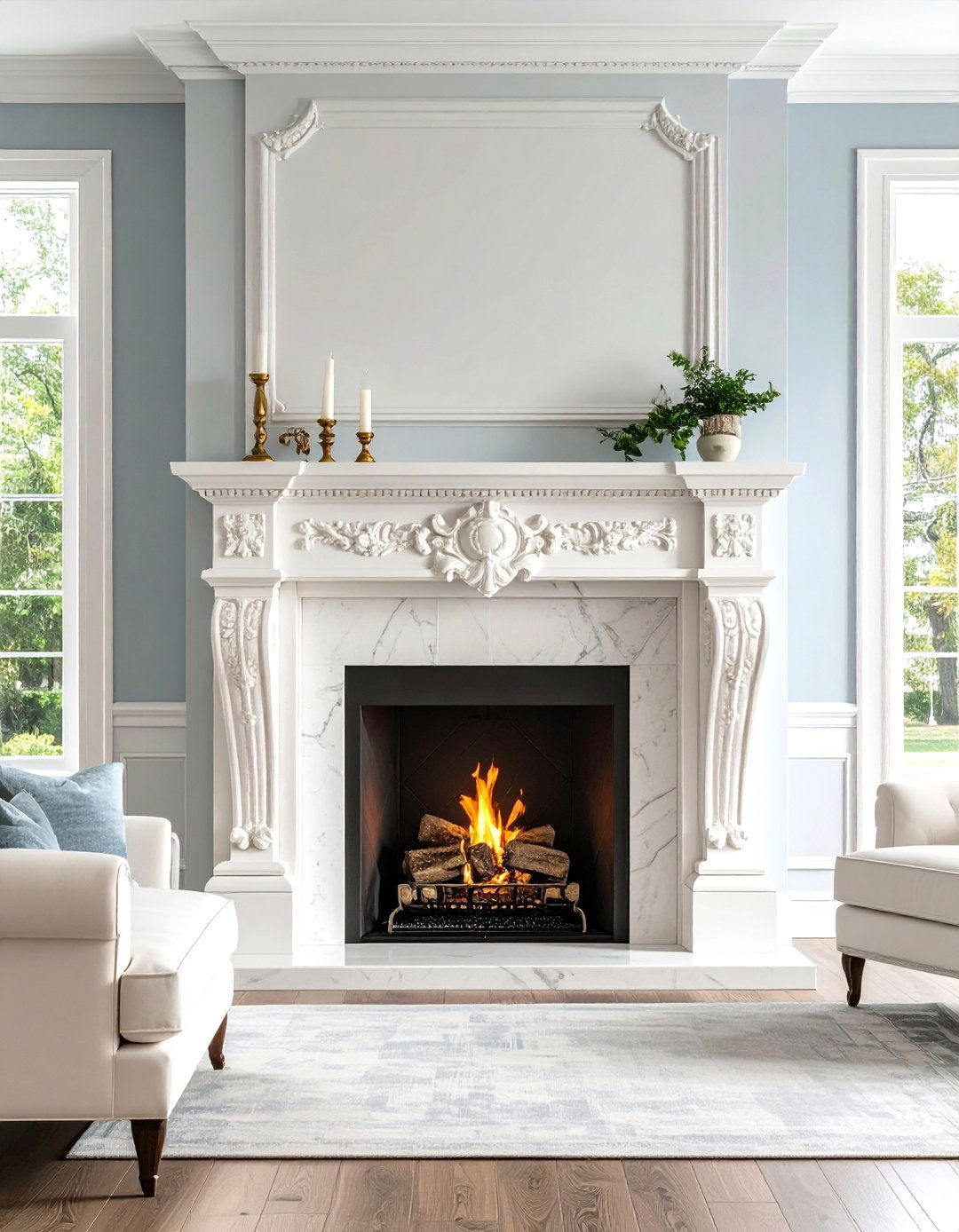 Traditional White Stone Fireplace with Classic Elegance - 20 White Stone Fireplace Ideas