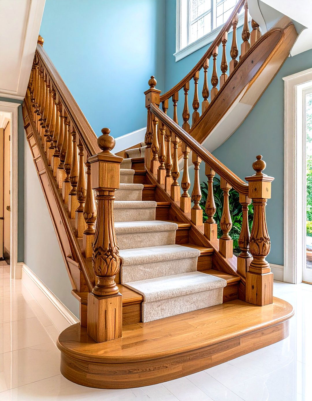 Traditional Wooden Staircase with Curved Newel Posts - 20 Wooden Staircase Ideas