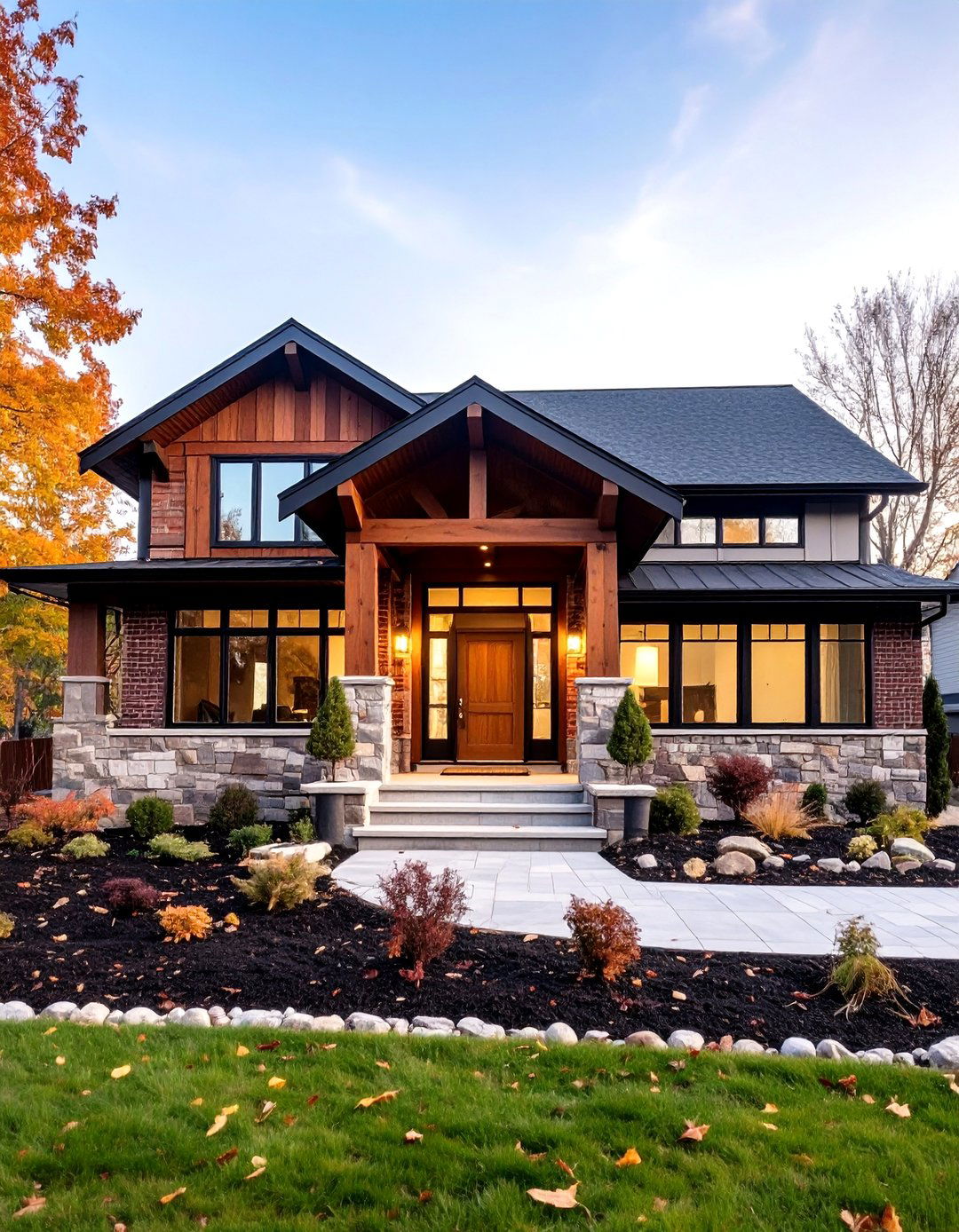 Transitional Brick Houses with Stone Mixed Material Accents - 20 Brick Houses With Stone Accents