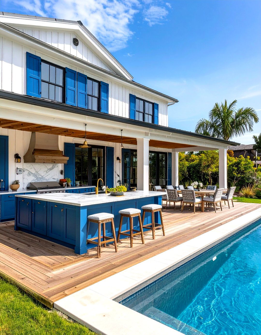Transitional Coastal Pool House With Outdoor Kitchen - 20 Pool House With Outdoor Kitchen Ideas