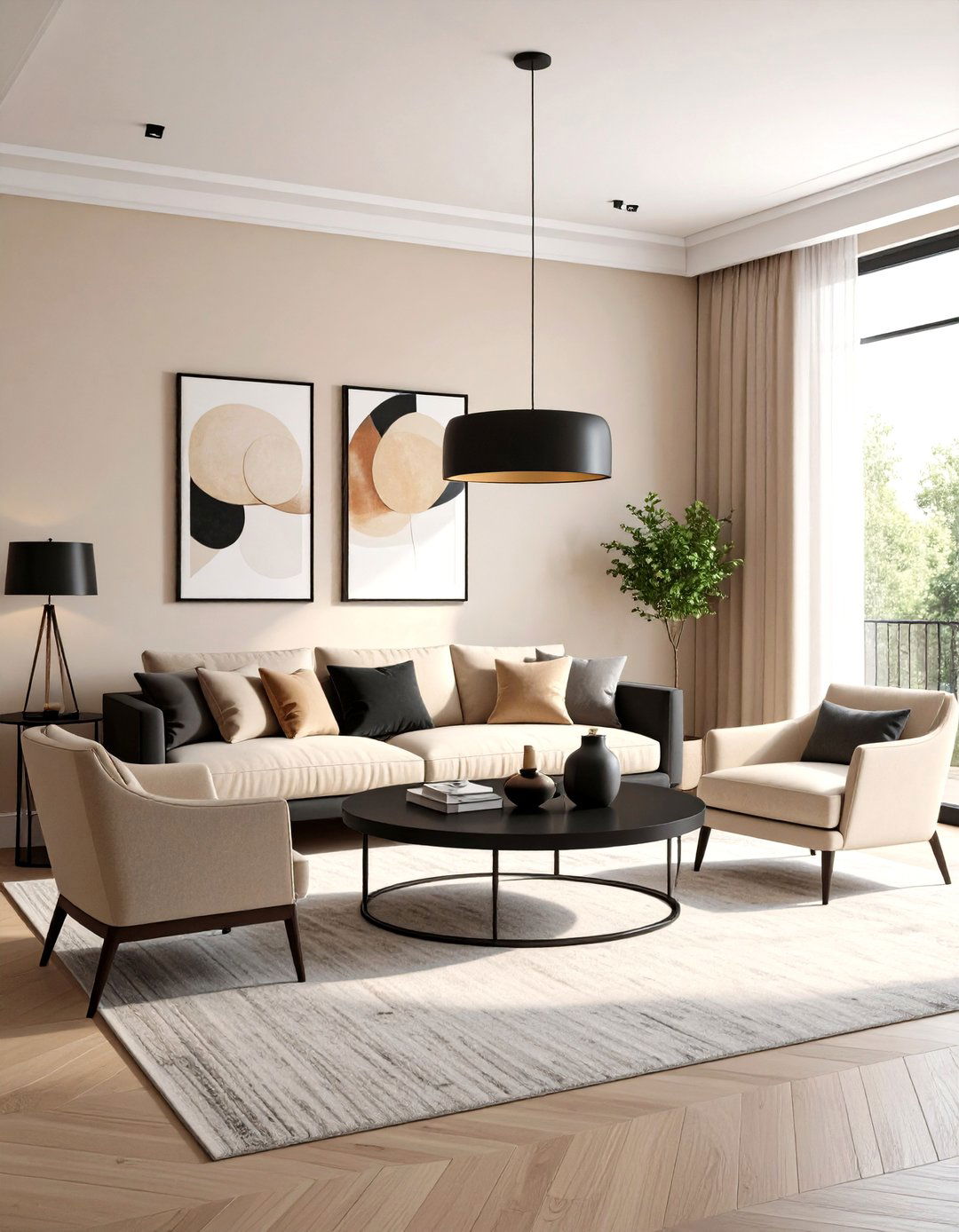 Transitional Cream and Black Living Room - 20 Cream and Black Living Room Ideas