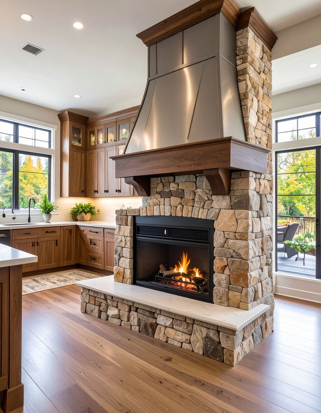 Transitional Kitchen Fireplace With Mixed Materials - 20 Kitchens With Fireplaces
