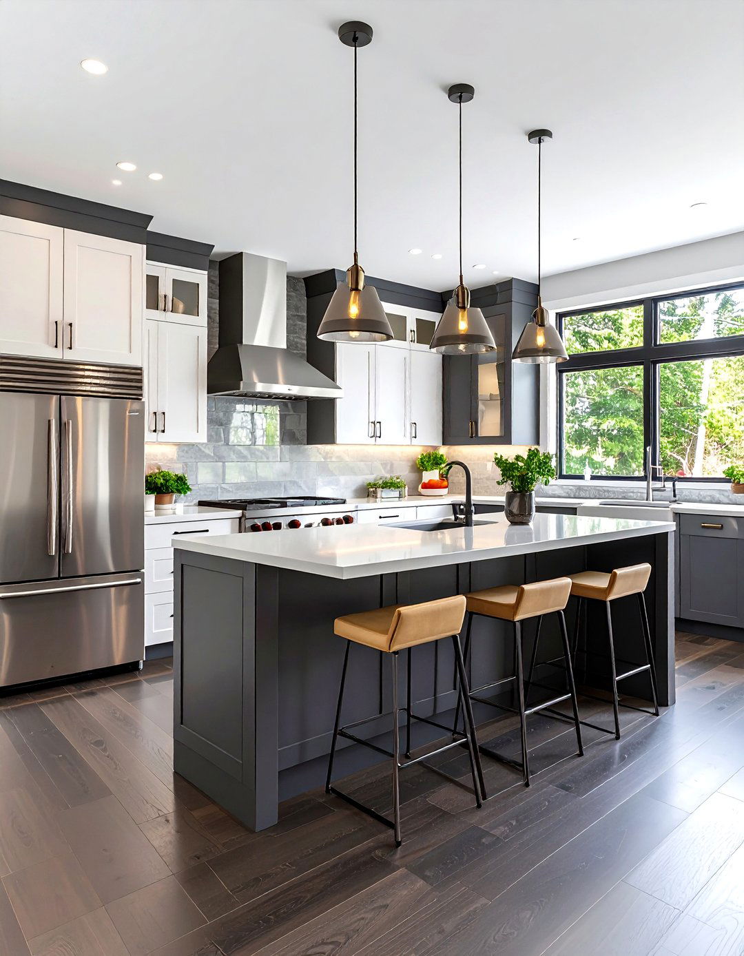 Transitional Kitchen With Dark Wood Floors and Two Tone Cabinetry - 20 Kitchen With Dark Wood Floors