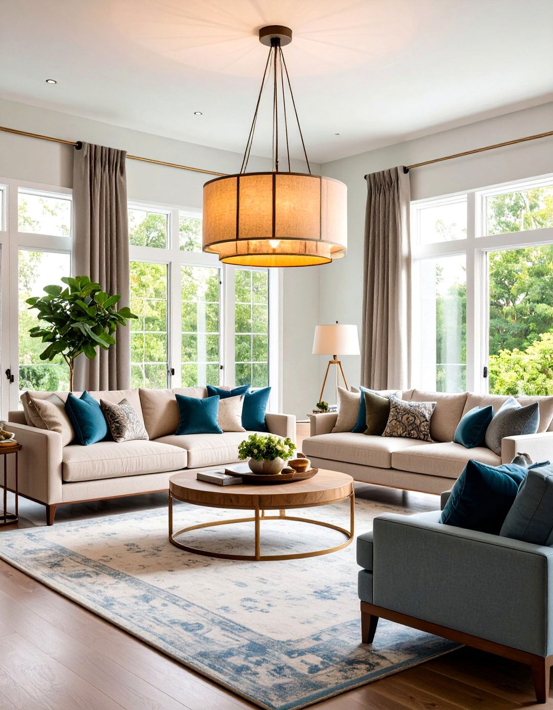 Transitional Living Room Ceiling Lighting with Drum Shade Chandeliers - 20 Living Room Ceiling Lighting Ideas