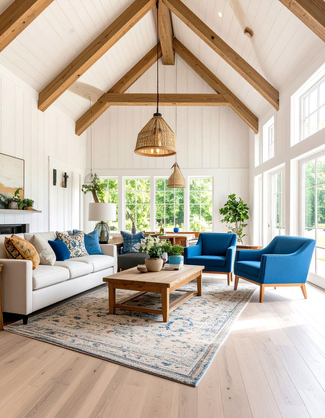 Transitional Living Room Vaulted Ceiling with Shiplap Paneling - 20 Living Room Vaulted Ceiling Ideas