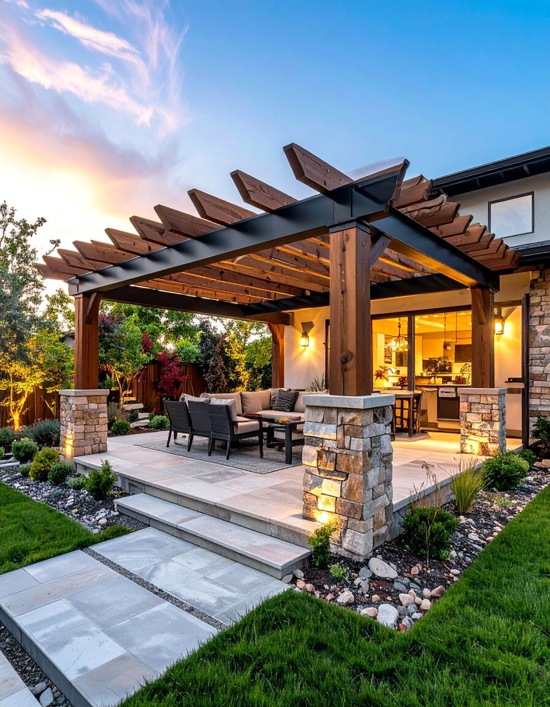 Transitional Patio Pergola with Mixed Materials - 20 Patio Pergola Ideas