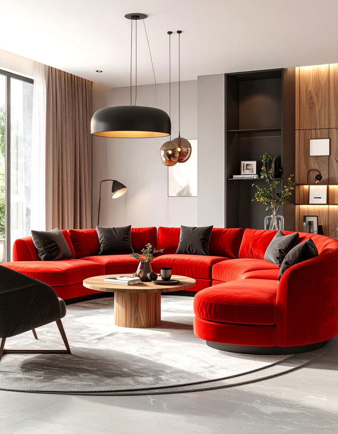 Transitional Red and Grey Living Room with Curved Furniture - 20 Red and Grey Living Room Ideas