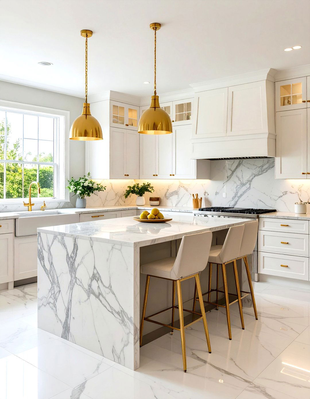 Transitional White Kitchen Cabinets with Grey Island and Marble Countertops - 20 White Kitchen Cabinets With Grey Island Ideas