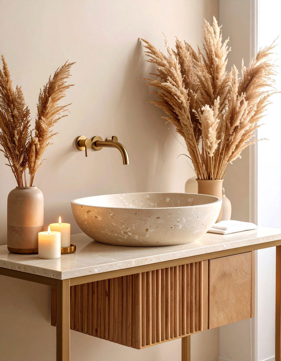 Travertine Centerpiece in a Beige Bathroom - 20 Beige Bathroom Ideas