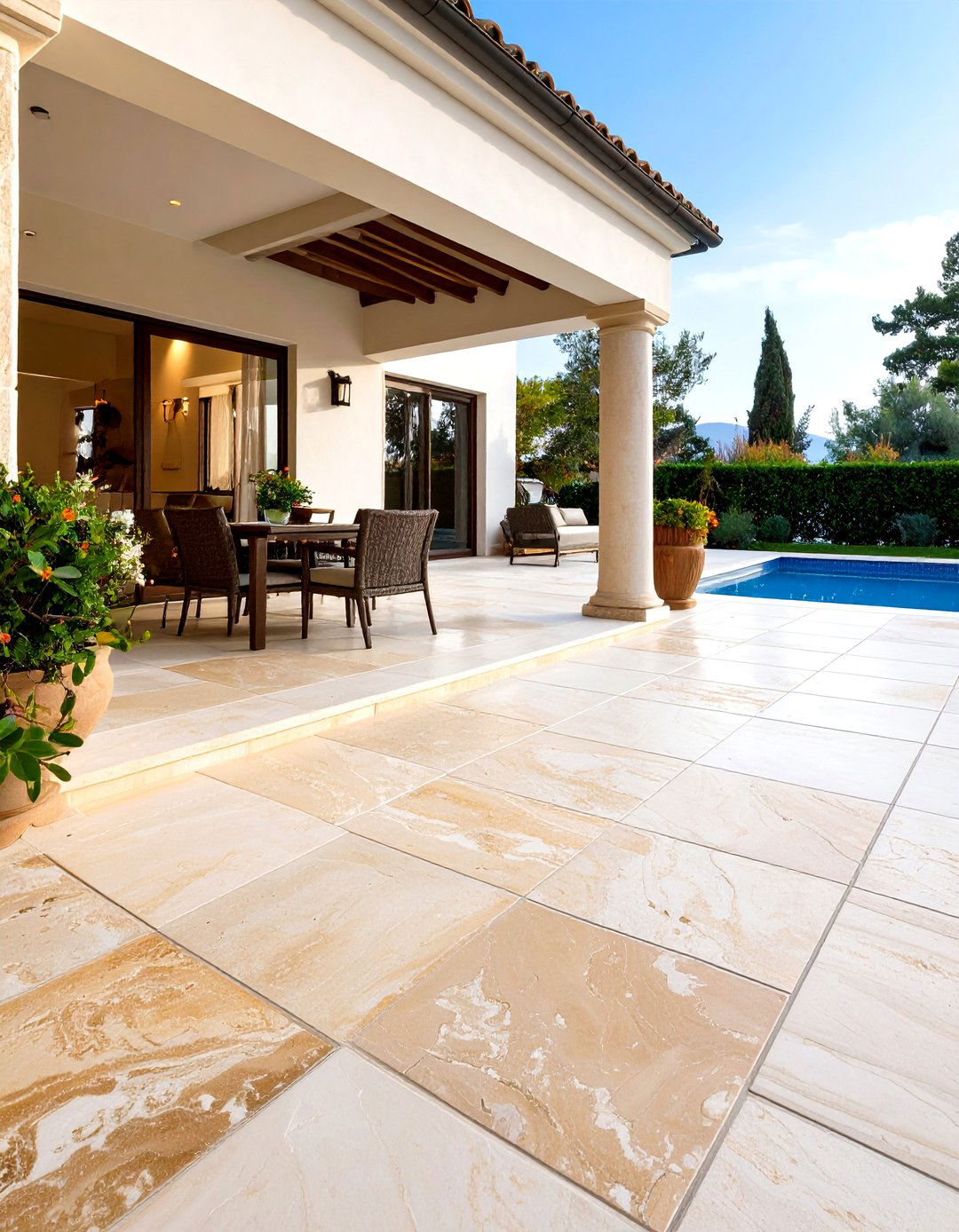Travertine French Pattern Patio Tile Layout - 20 patio tile ideas