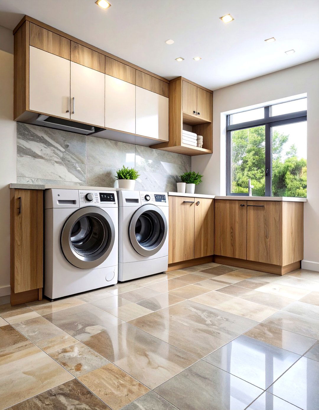 Travertine Natural Stone Laundry Room Floor with Mediterranean Charm - 20 Laundry Room Floor Ideas