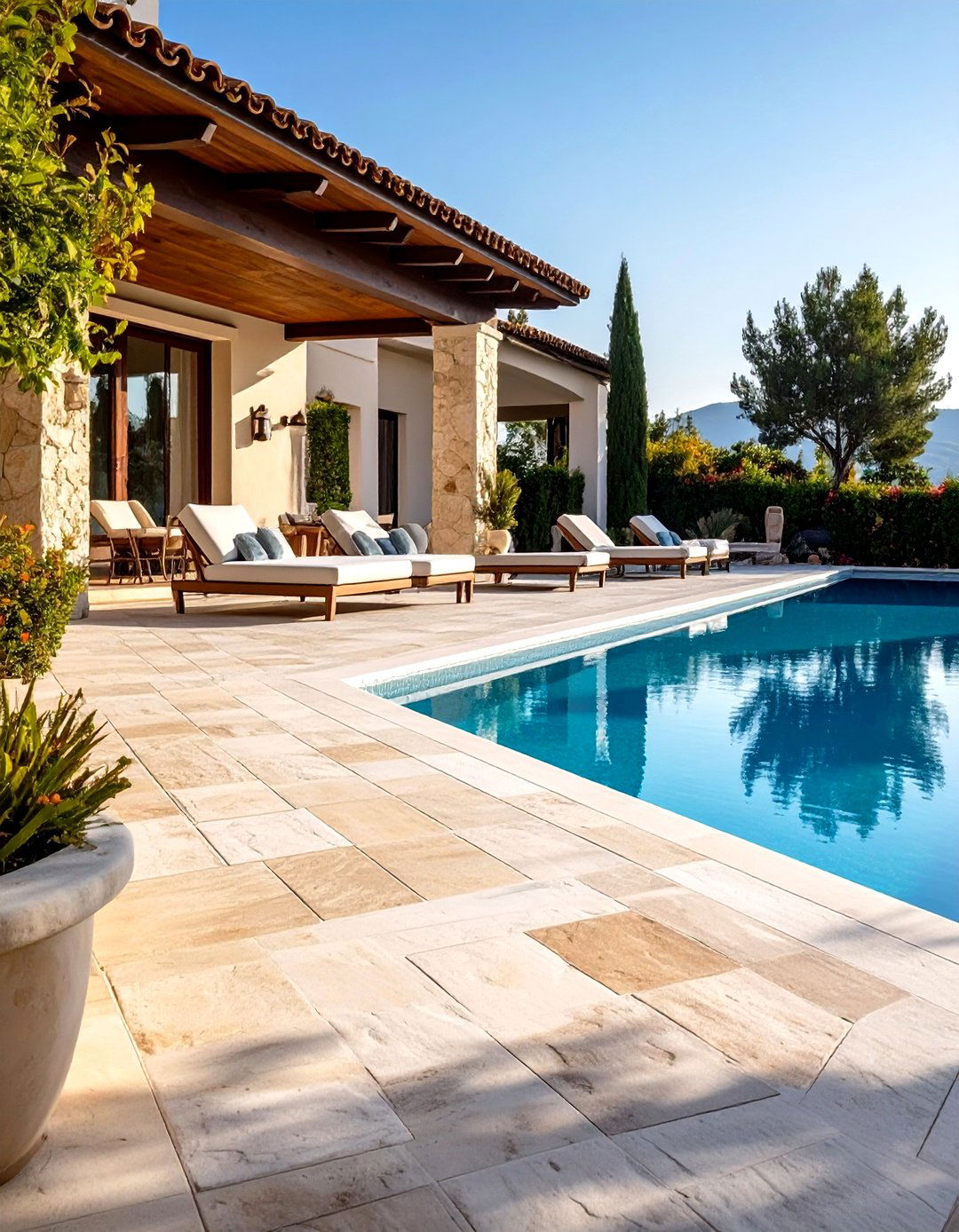 Travertine Pool Walkway with Tumbled Edge Finish - 20 Pool Walkway Ideas