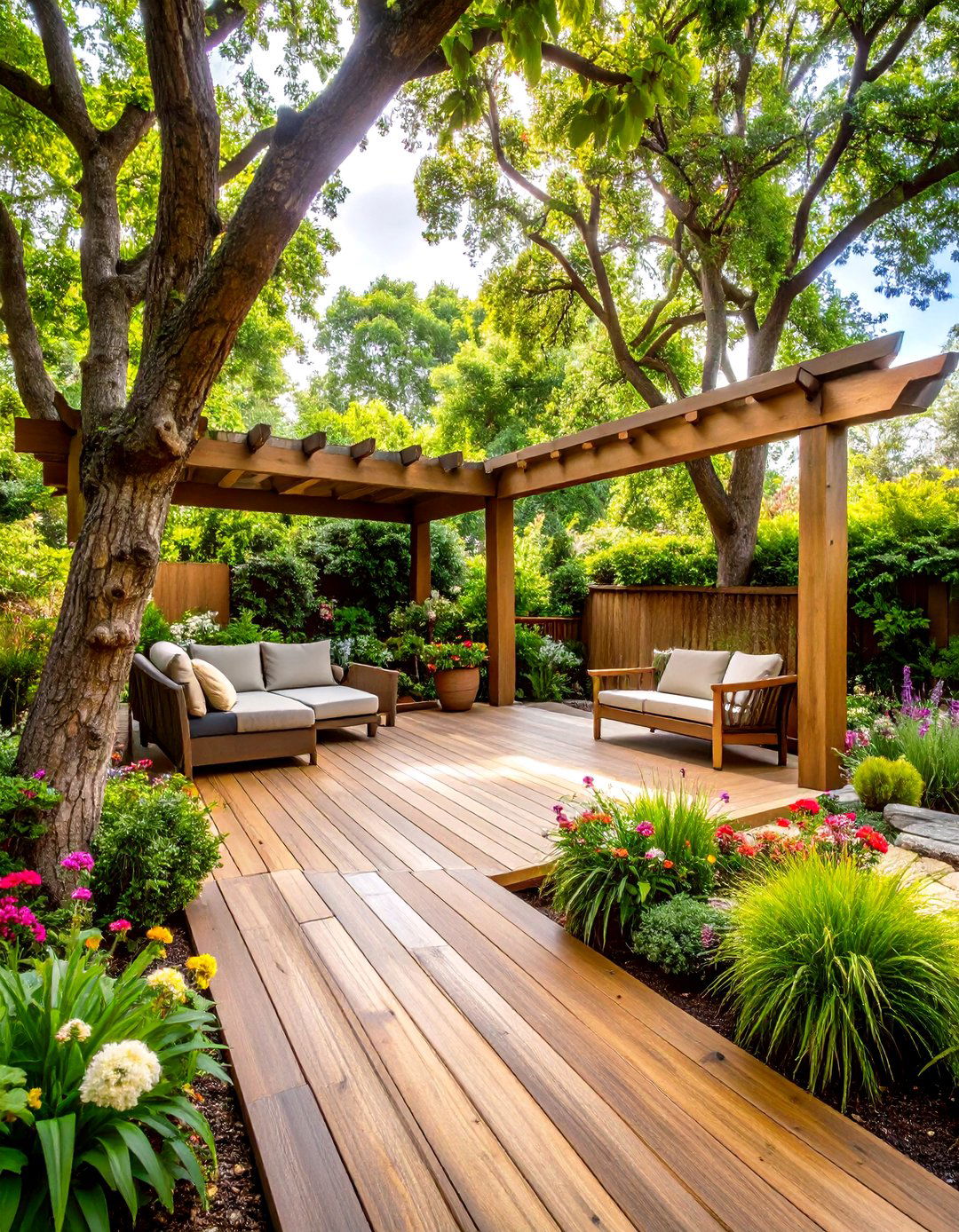 Tree Canopy Deck Connected to Garden Stone Patio - 20 Deck and Patio Combination Ideas