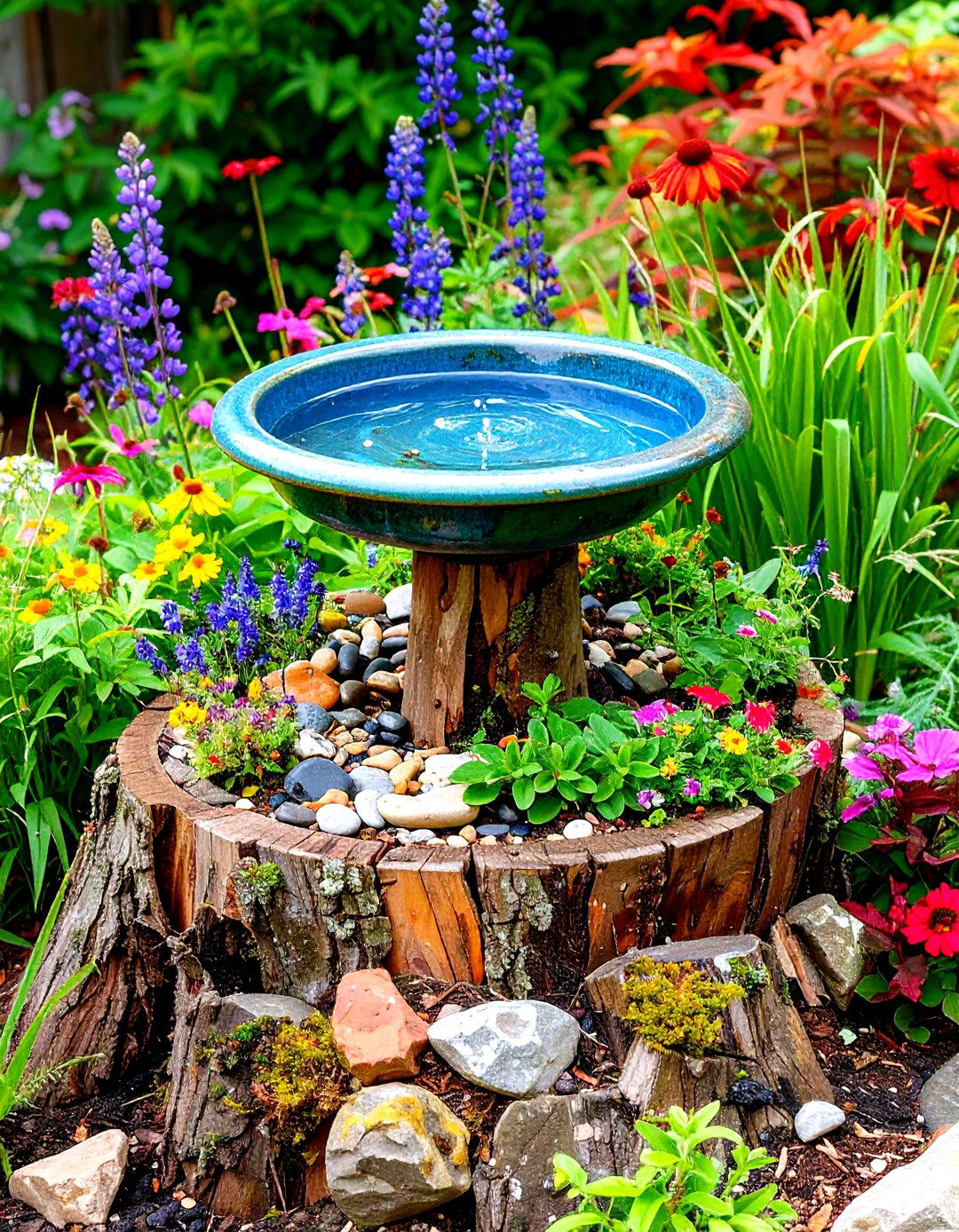 Tree Stump Bird Bath Station - 20 Tree Stump Decorating Ideas