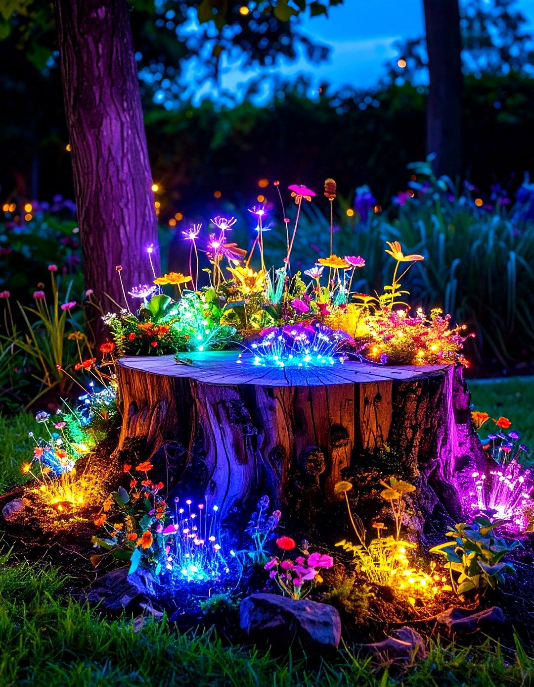 Tree Stump Fairy Garden Night Lighting Effects - 20 Tree Stump Fairy Garden Ideas