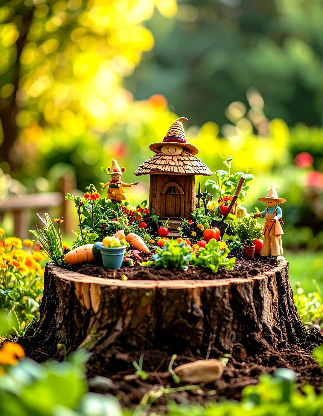 Tree Stump Fairy Garden with Miniature Vegetable Plots - 20 Tree Stump Fairy Garden Ideas