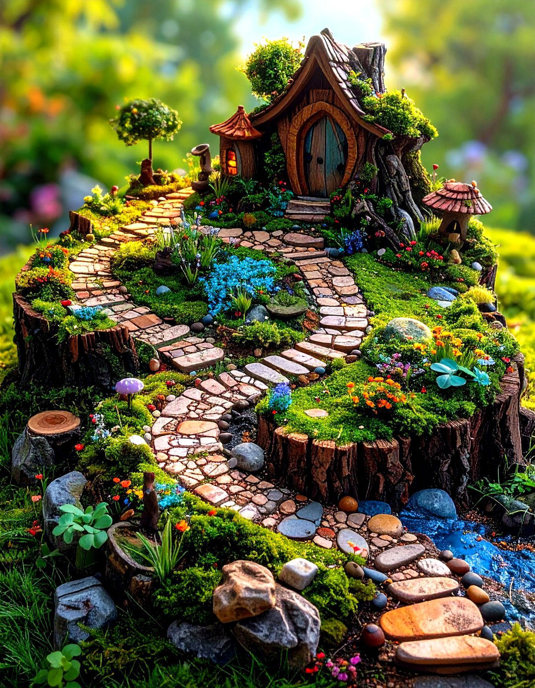 Tree Stump Fairy Garden with Natural Stone Pathways - 20 Tree Stump Fairy Garden Ideas
