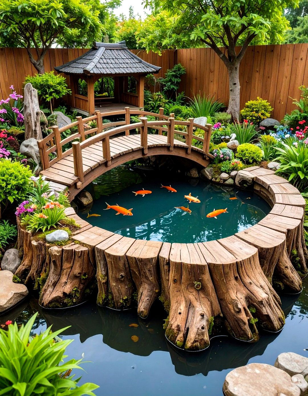 Tree Stump Fairy Garden with Water Features - 20 Tree Stump Fairy Garden Ideas