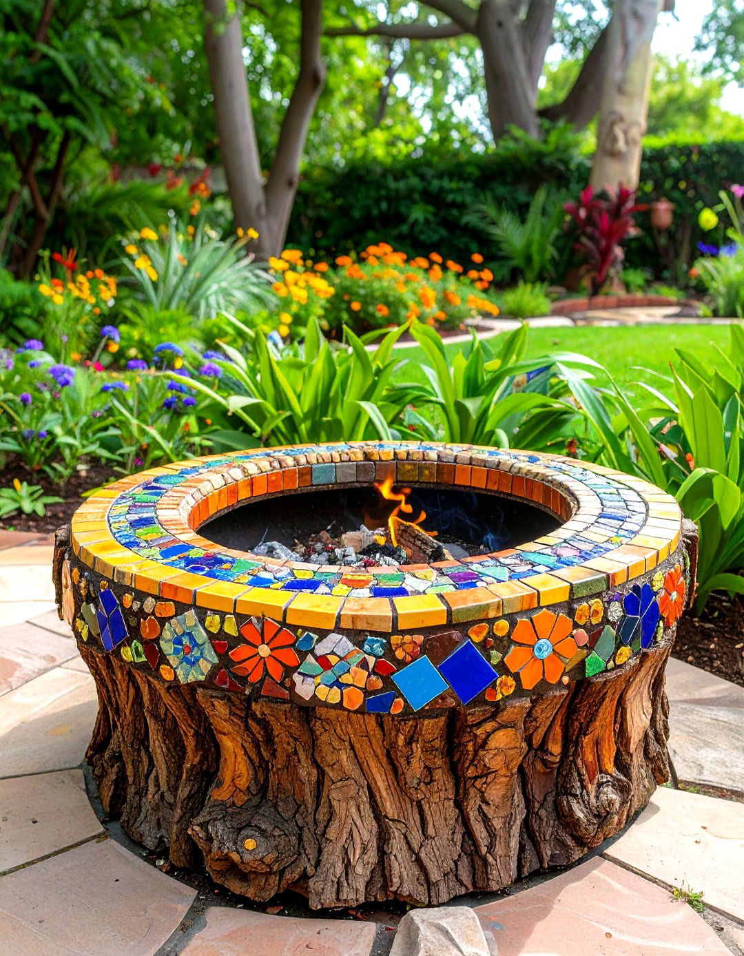 Tree Stump Fire Pit with Mosaic Decoration - 20 Tree Stump Fire Pit Ideas
