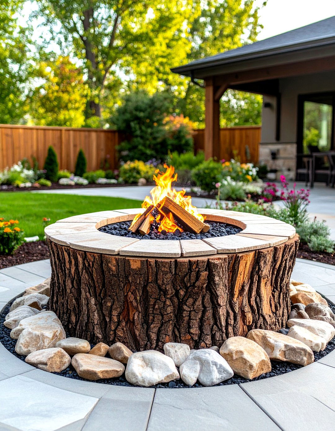 Tree Stump Fire Pit with Natural Stone Integration - 20 Tree Stump Fire Pit Ideas