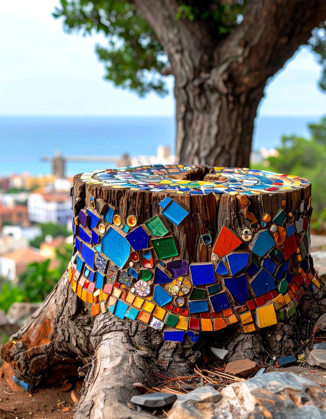 Tree Stump Mosaic Art Creation - 20 Tree Stump Decorating Ideas