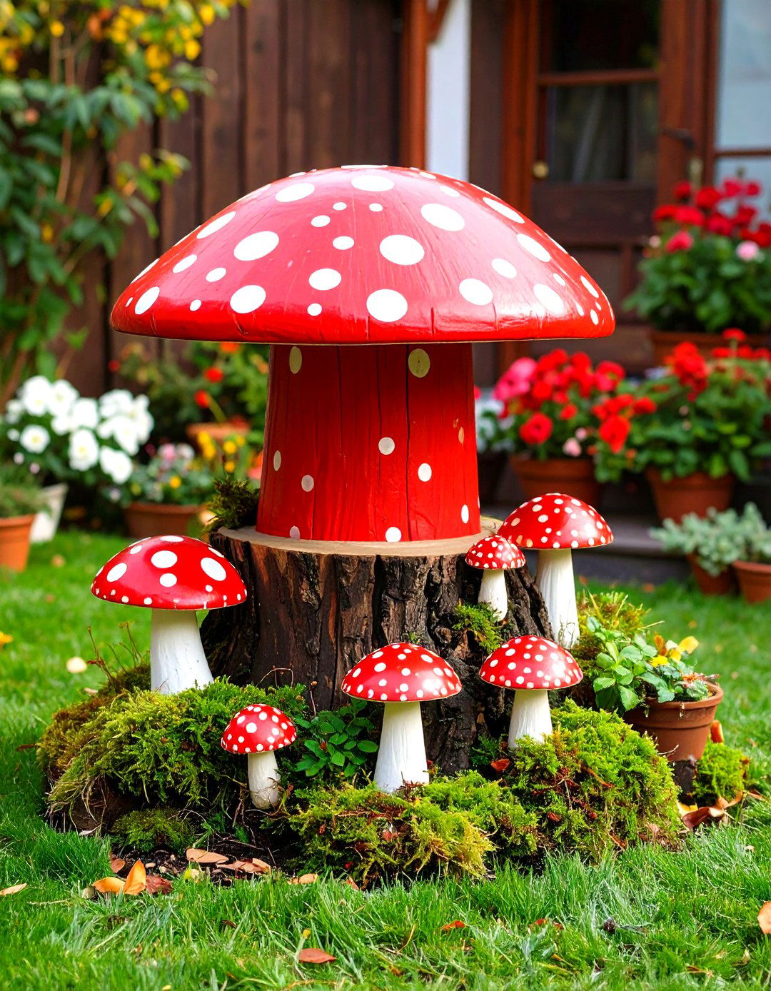 Tree Stump Mushroom Garden Display - 20 Tree Stump Decorating Ideas