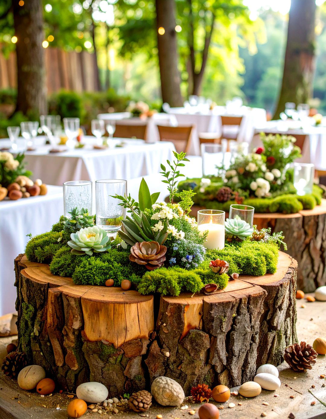 Tree Stump Rustic Wedding Centerpieces with Moss Gardens - 20 Rustic Wedding Centerpieces