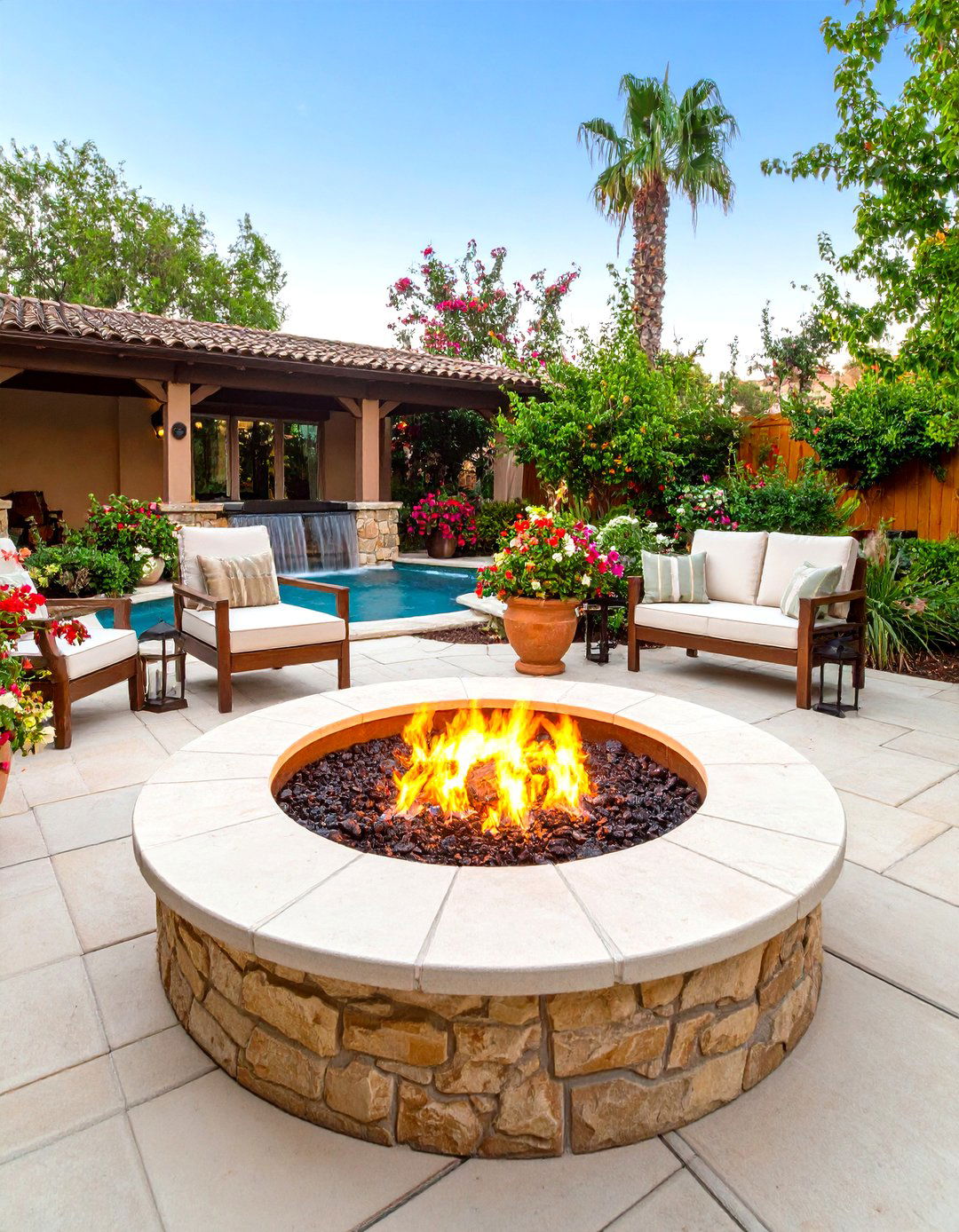 Tropical Backyard Fire and Water Feature Sanctuary - 20 Tropical Backyard Ideas