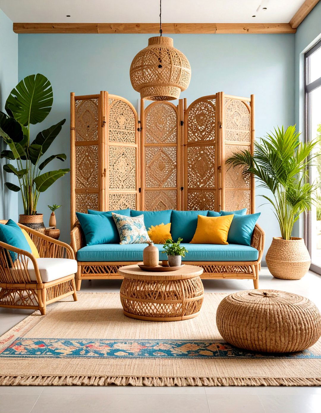 Tropical Bamboo Room Divider with Natural Fiber Accents - 20 Room Divider Ideas