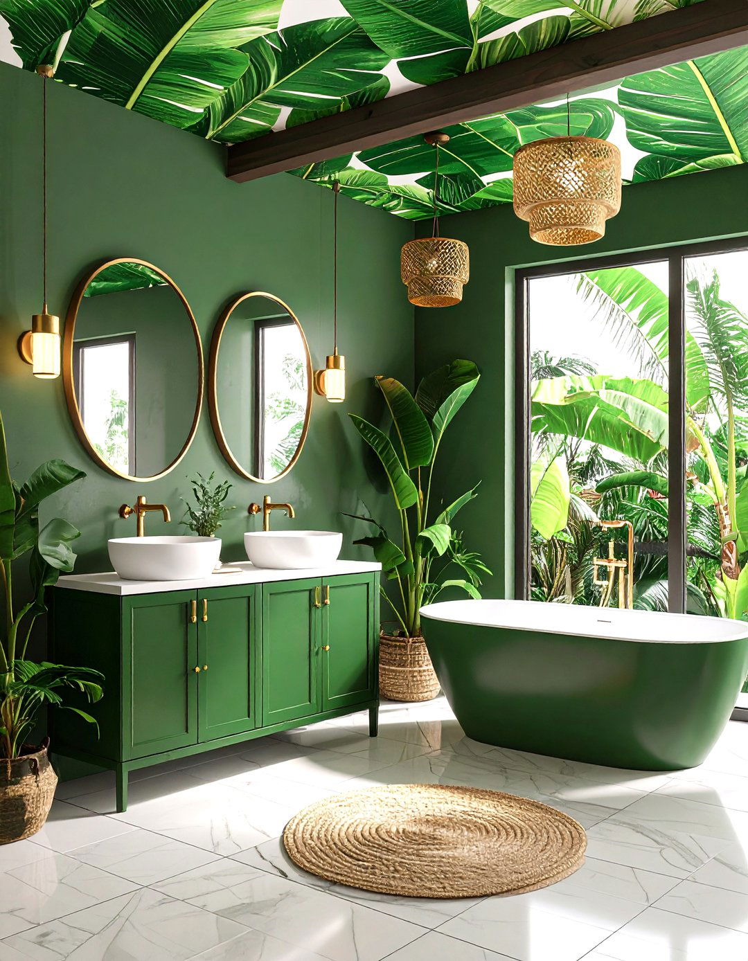 Tropical Banana Leaf Wallpaper Ceiling for an Expansive Powder Room - 20 Green Powder Room Ideas