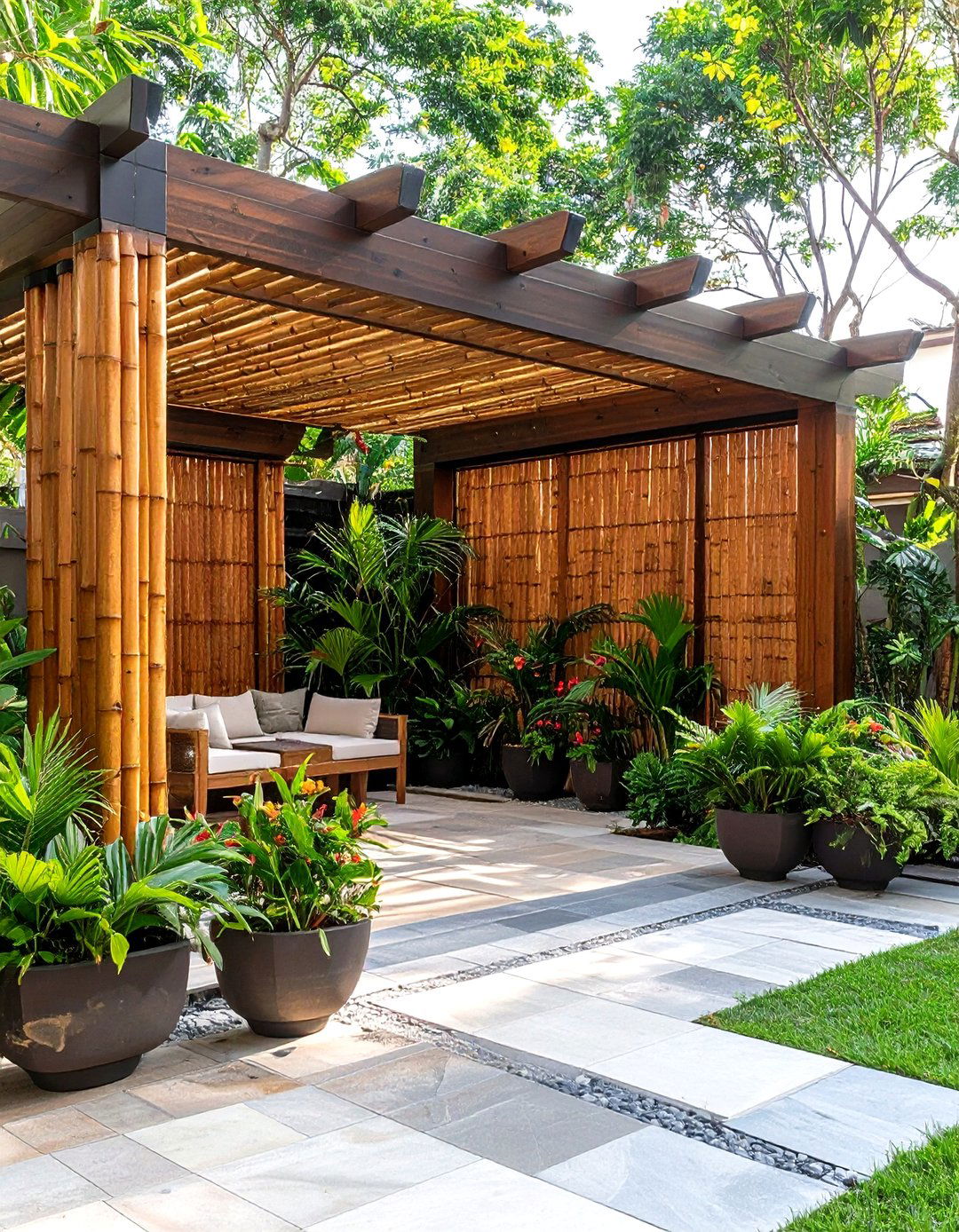 Tropical Patio Pergola with Bamboo Screening - 20 Patio Pergola Ideas