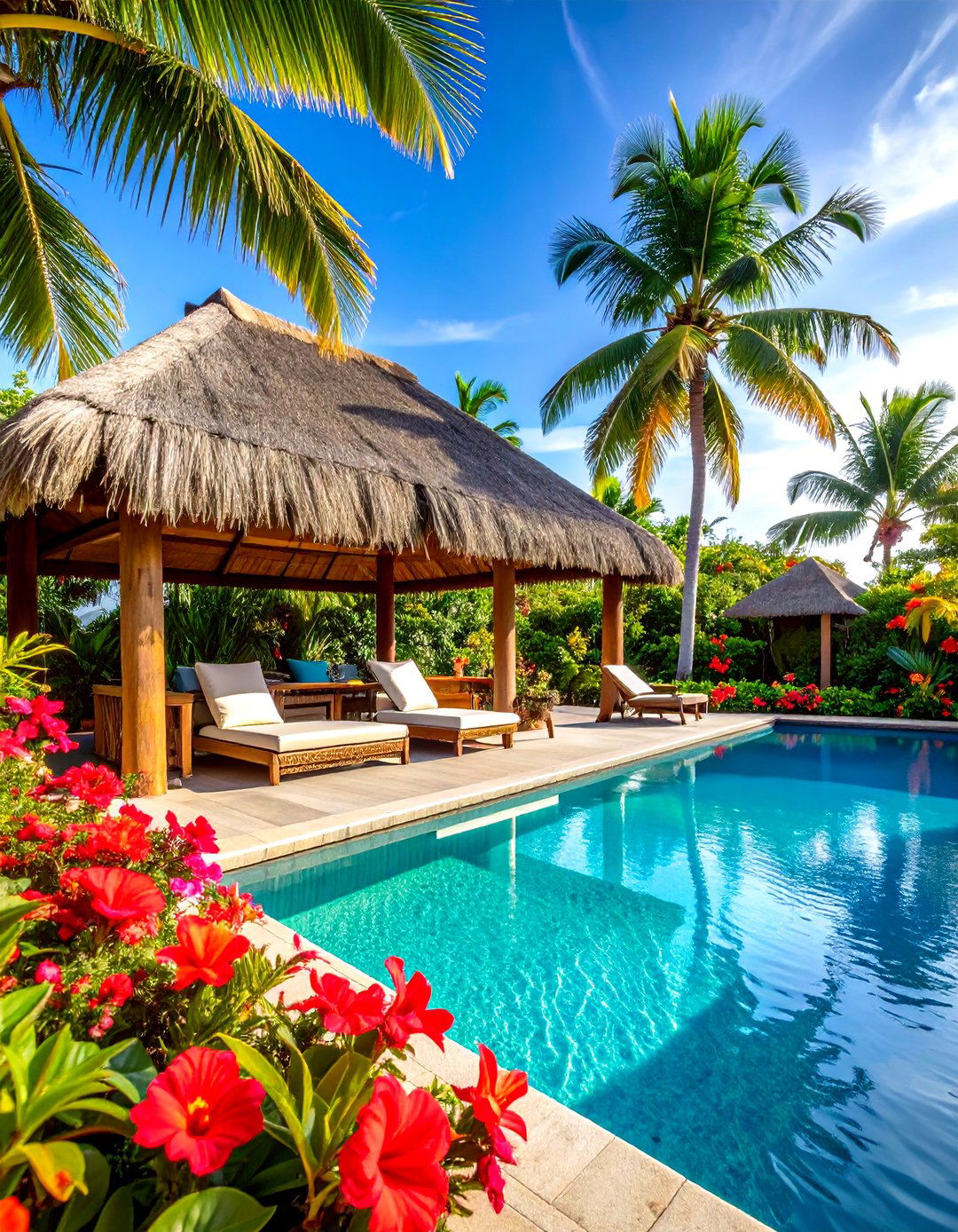 Tropical Resort Pool Patio with Thatched Cabana - 20 Pool Patio Ideas
