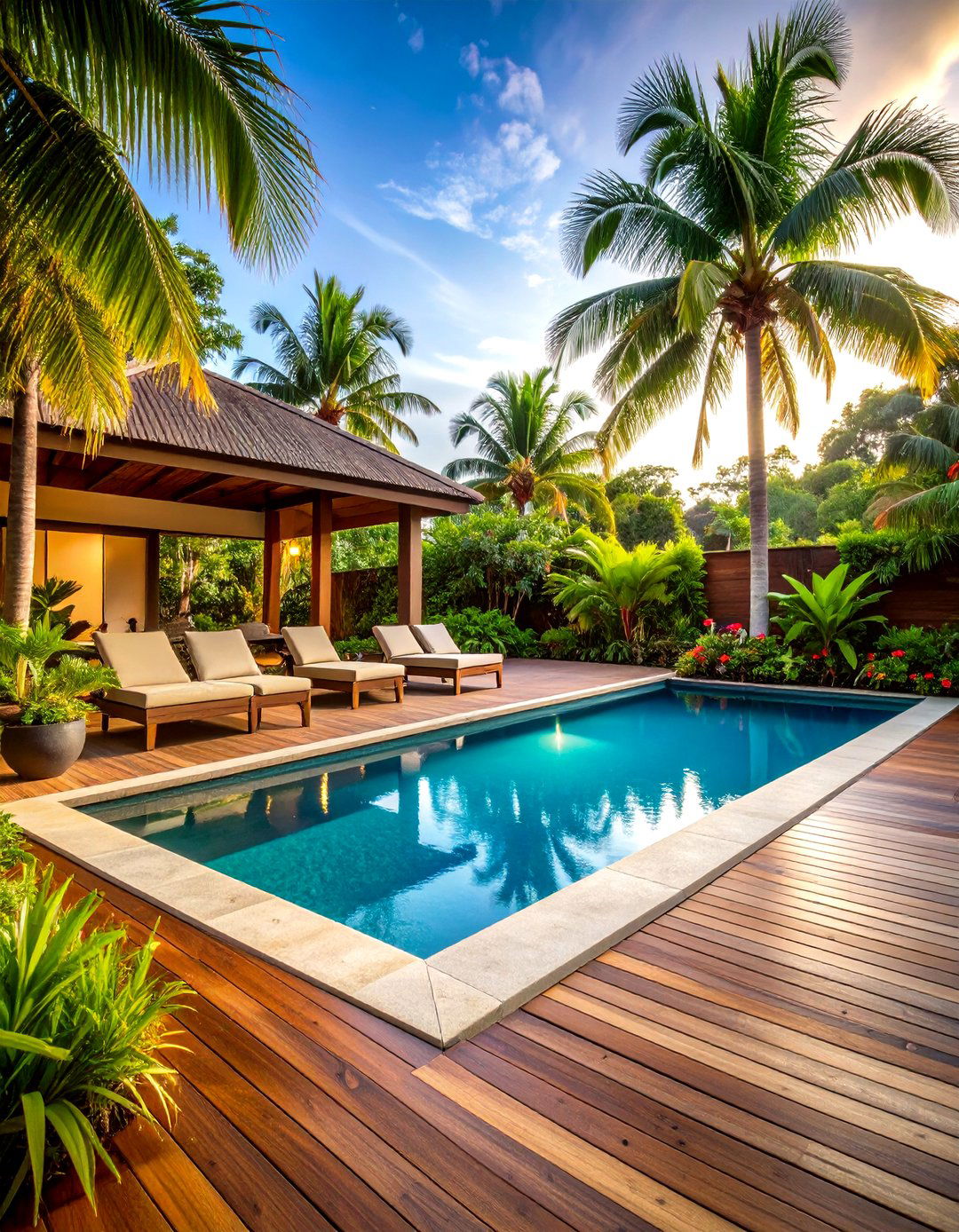 Tropical Resort Style Pool Deck with Natural Materials - 20 Pool Deck Ideas