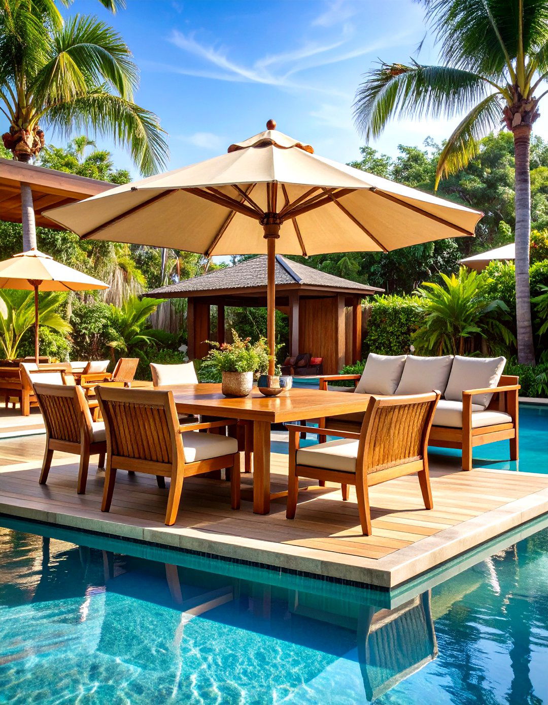 Tropical Teak Pool Furniture Ensemble - 20 Pool Furniture Ideas