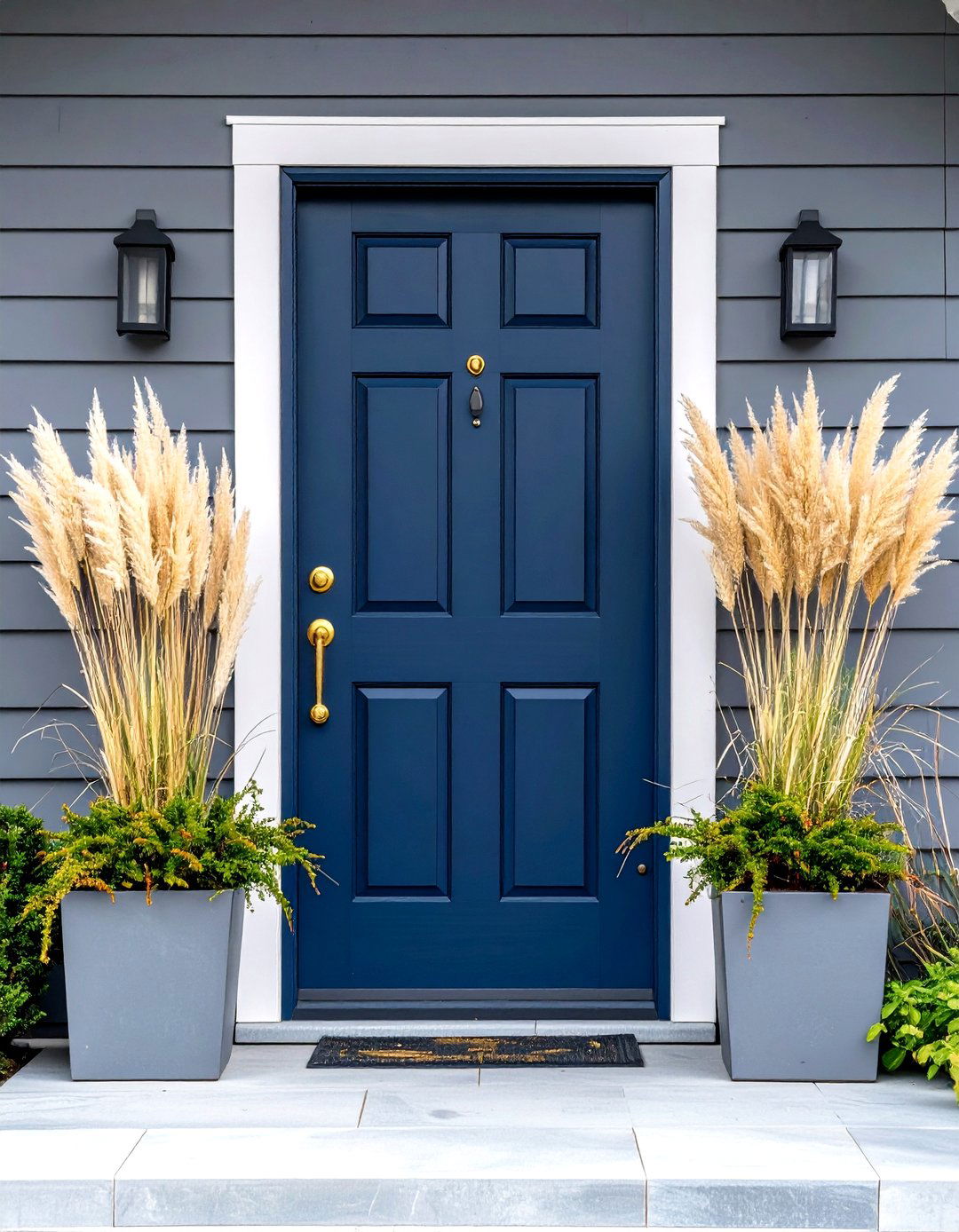 True Navy Door with Chevron Grey House Accents - 20 Grey House With Blue Door Ideas