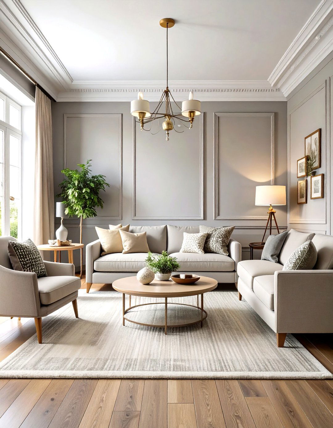 Try Two Tone Greige Walls and Trim - 20 Greige Living Room Ideas