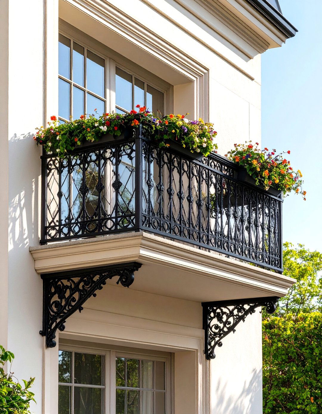 Tudor Revival Juliet Balcony with Leaded Glass Details - 20 Juliet Balcony Ideas