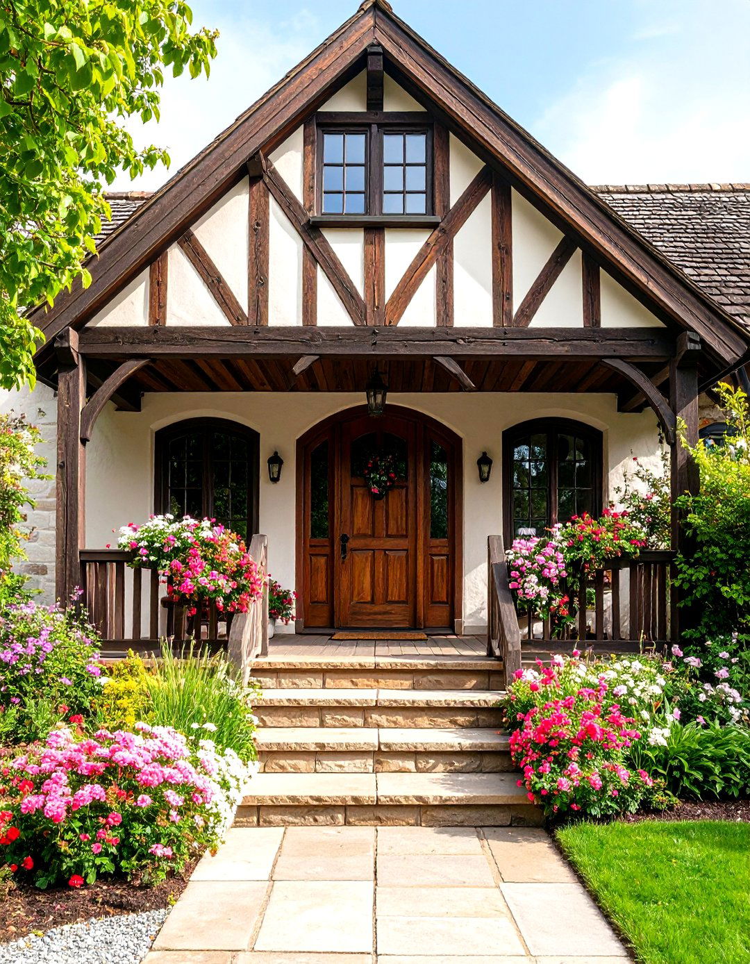 Tudor Revival Open Gable Porch with Half Timber Detailing - 20 Open Gable Porch Ideas