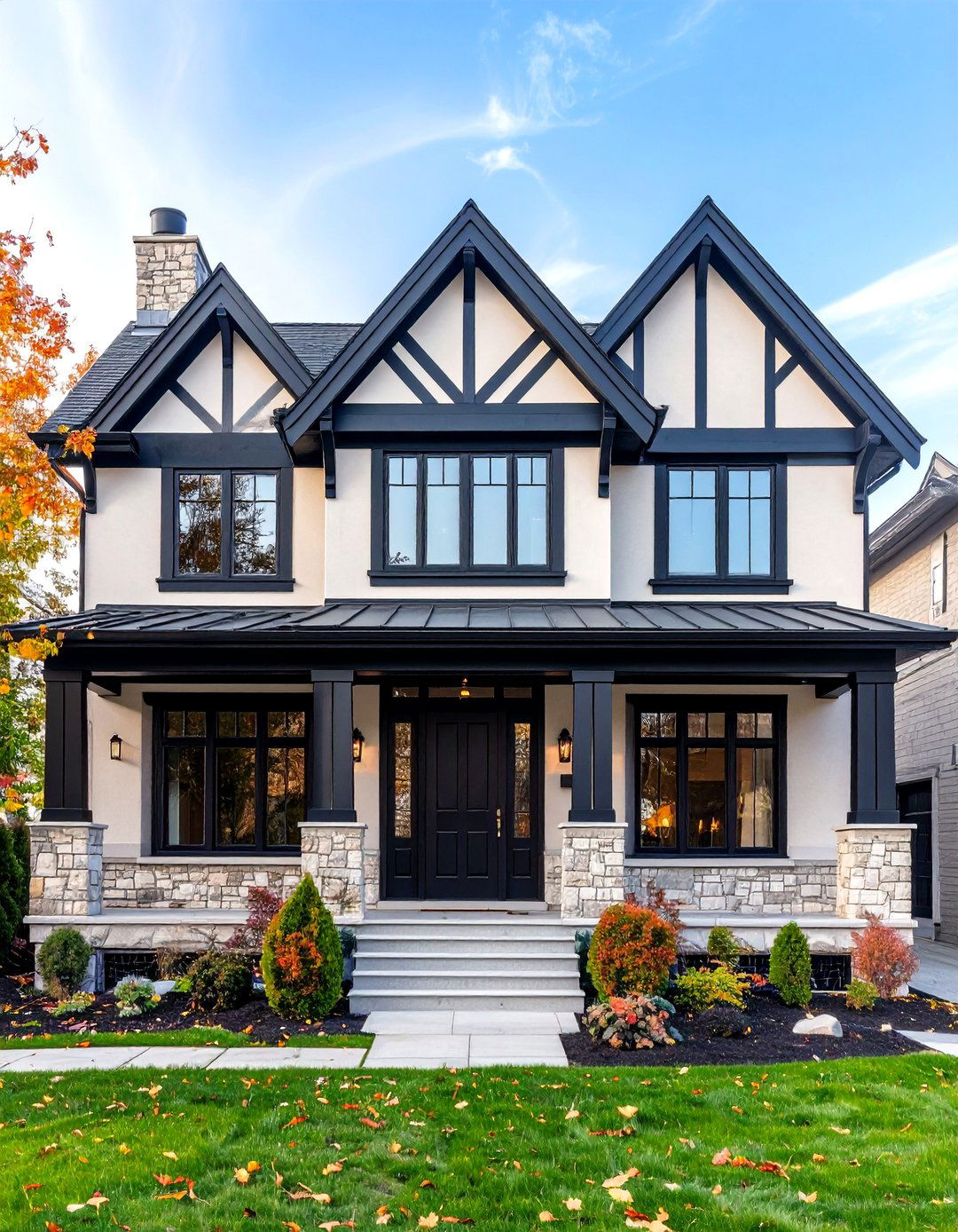 Tudor Revival White Exterior Home with a Black Roof and Half Timber Details - 20 White Exterior Home with a Black Roof Ideas