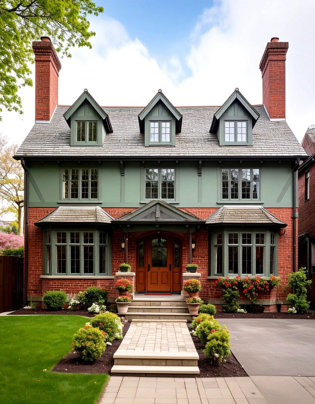 Tudor Style Olive Green House Exterior with Brick Accents - 20 Olive Green House Exterior Ideas